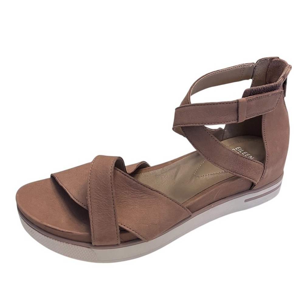New EILEEN FISHER Sz 9 Sandal Sally Wedge Camel Tan Leather Zip Back Cross NWOB